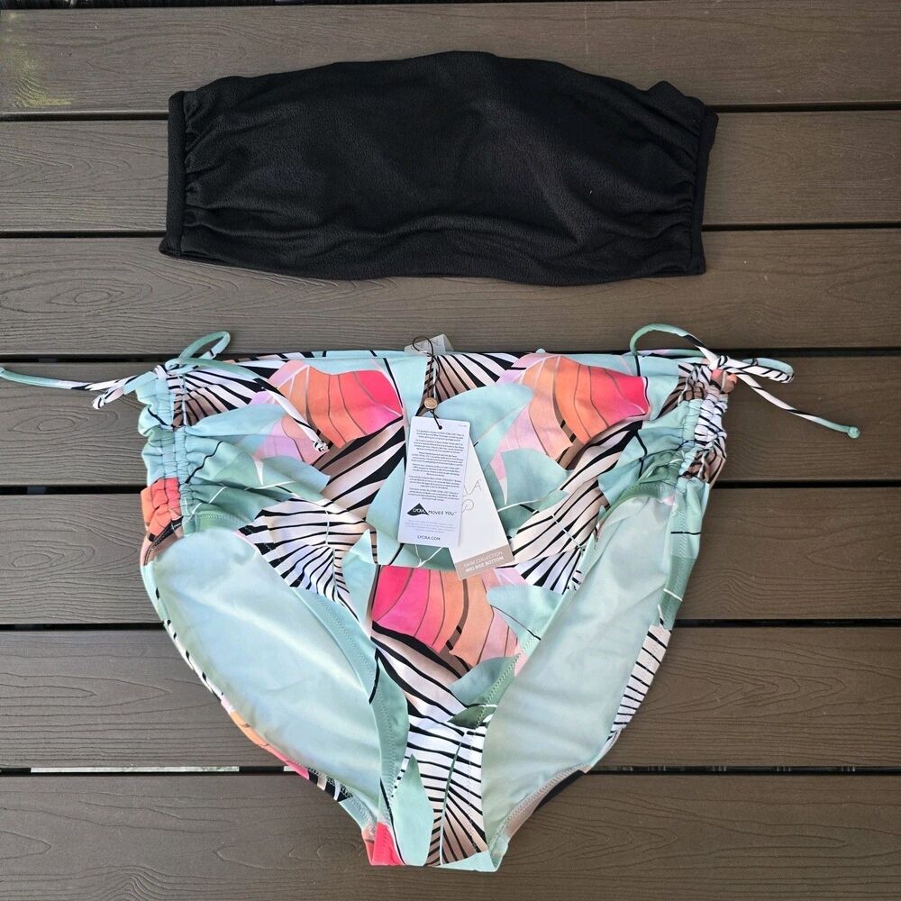 CALIA Women's Black Textured Bandeau Top (XL) & Desert Flora Rouched Bikini (1X)